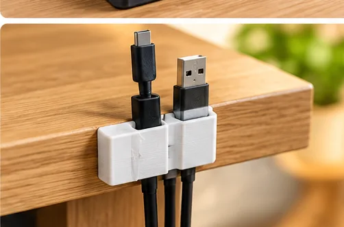 Uchwyt na przewody USB zamocowany na krawędzi biurka